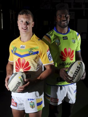 Jack Wighton and Edrick Lee model the Raiders' 2015 away and home jerseys respectively.