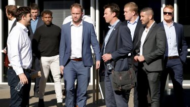 Players emerge from Tuesday's meeting between the RLPA and the NRL.