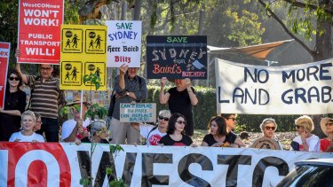 Residents in the inner west protest in Pioneers Memorial Park, on Norton Street, Leichhardt. About 427 properties have been or will be acquired for the motorway. 