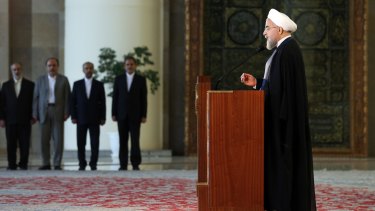Iranian President Hassan Rouhani addresses the nation in a televised speech minutes after the landmark nuclear agreement was announced in Vienna.