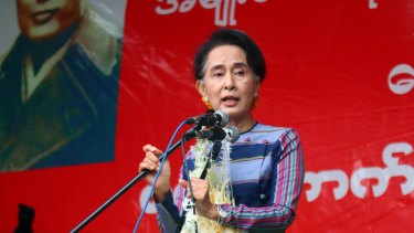 Myanmar opposition leader Aung San Suu Kyi speaks in Shan state, Myanmar, on Sunday.