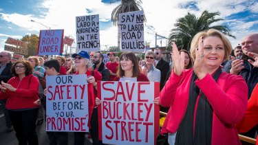 Essendon locals rally against the government's plans for the Buckley Street level crossing. 