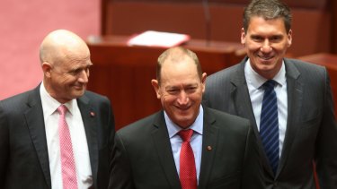 Senator Fraser Anning was escorted by Senator David Leyonhjelm and Senator Cory Bernardi at Parliament House on Monday, as he was sworn in as a One Nation senator. An hour later, he was an independent.