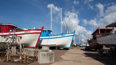 Two of the Vietnamese fishing boats in a Darwin boat yard on Thursday. 