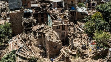 Collapsed buildings in Sankhu, Nepal after the earthquake. 