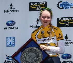 Winner: Gracie Elvin on the podium after taking out the Bay Classic criterium crown.