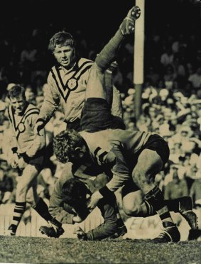 Tigers treatment: South Sydney's Bob Grant is brought back down to Earth in the 1969 decider.