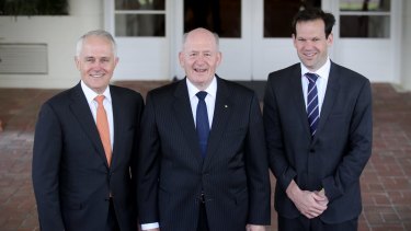 Prime Minister Malcom Turnbull with the Governor-General, Sir Peter Cosgrove, and Resources Minister Matt Canavan on Friday.