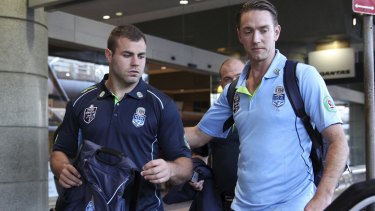 Camp interrupted: Wade Graham arrives at Sydney Airport after leaving the NSW Origin team's training camp in Coffs Harbour to face a high tackle charge.