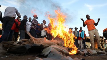Kenyan opposition supporters burn tyres and other items in Kawangware, Nairobi on Monday.
