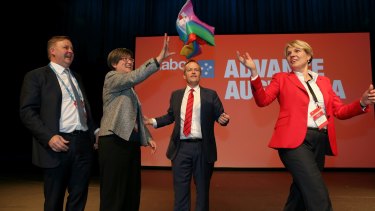 Stepping out: Anthony Albanese, Senator Penny Wong, Opposition Leader Bill Shorten and deputy leader Tanya Plibersek after speaking on Amendment 317A on same-sex marriage during Sunday's national conference.