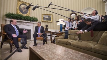 Media recording a part of the meeting between Pakistani PM Nawaz Sharif and US President Barack Obama at the White House on Thursday. 