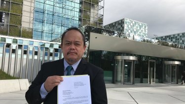 Lawyer Jude Sabio from the Philippines outside the International Criminal Court in The Hague, Netherlands.