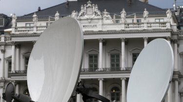 Satellite dishes in front of Palais Coburg before the start of nuclear talks between Tehran and six world powers in Vienna.