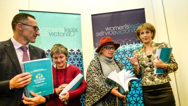 Rosie Batty with the Minister for Women Michaelia Cash (right), Shadow Minister for Women Clare Moore and Greens leader Richard Di Natale with the petition.