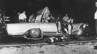 

Jayne Mansfield's wrecked car after the fatal accident in which she and two others died on June 29, 1967.