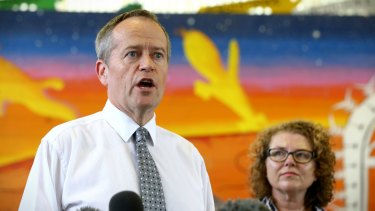 Opposition Leader Bill Shorten with ALP candidate for Leichhardt Sharryn Howes during his visit to Cairns West State School.