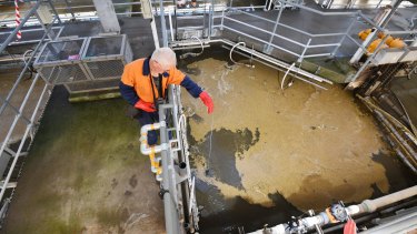 Operator David Murray measures sludge depth at the primary tank scum collectors of the Eastern Treatment Plant at Bangholme.
