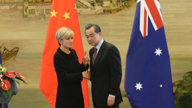 Australian Foreign Affairs Minister Julie Bishop meets Chinese Foreign Minister Wang Yi in Beijing in February.