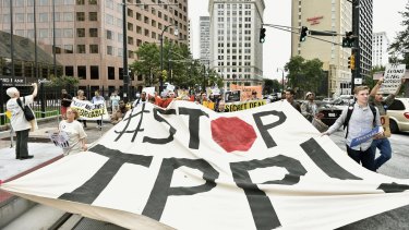 No deal: Protesters in Atlanta, Georgia, express opposition to the Trans-Pacific Partnership.