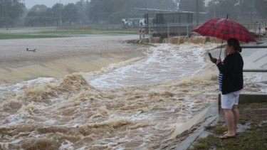 The storm water drain near Dickson oval was overflowing on Sunday morning.
