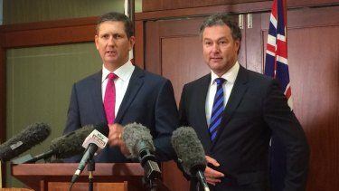 Returned LNP leader Lawrence Springborg holds a press conference with his deputy John-Paul Langbroek after they were elected by the LNP party room.
