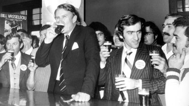 Bottoms up: Then prime minister Malcolm Fraser has a beer during the 1979 campaign.