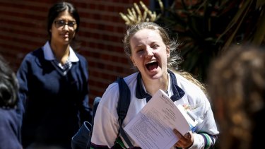 Melbourne Girls College school captain Caitlin Hooper celebrates the end of her VCE English exam.