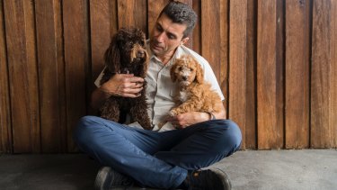 John Grima with his cavoodle Coco,11 months old, and nine-week-old puppy at his Kellyville Pets shop. 