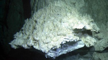 Part of a huge chimney in a hydrothermal vent in the Atlantic Ocean.  Oceanographers and biologists believe that the earliest forms of life began in places like this.