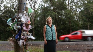 Lindy Hewett at the crash site where residents have been lobbying for road improvements.