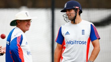 England coach Trevor Bayliss and captain Alastair Cook have a chat during a nets session in Durban on Friday.