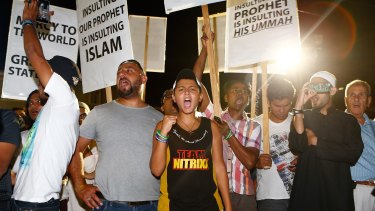 Freedom of speech: Sydney Muslims gather at a rally to show their support for the Prophet Muhammad.