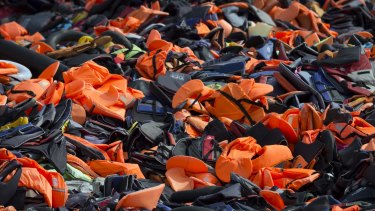 Thousands of discarded life vests dumped in a valley in hills above Mithymna, in Greece, on Sunday. 