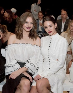 Ksenjia Lukich (left) and Jesinta Franklin attend the Aje show at the Art Gallery of NSW on Monday.