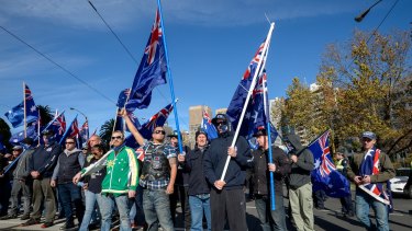 The True Blue Crew holds a rally at Fitzroy Gardens in June 2016.