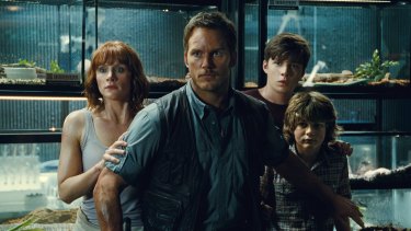 Bryce Dallas Howard, left, Chris Pratt, Nick Robinson and Ty Simpkins in Jurassic World.