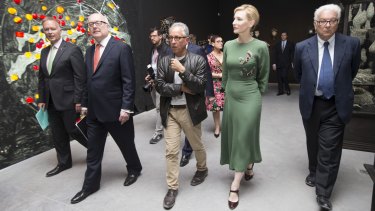 Australia Council chairman Rupert Myer and Minister for Arts George Brandis view the new Australian Pavilion in Venice with Simon Mordant and Cate Blanchett.