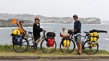 Once a jolly swag family: Patrick Jones, Meg Ulman,  their son Woody and dog Zero cycled  6000 kilometres around Australia.