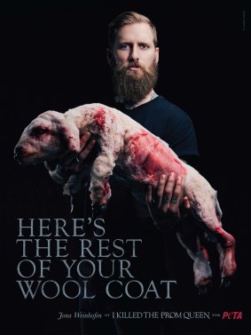 Jona Weinhofen and a prop designed to look like a lamb carcass in a campaign video for People for the Ethical Treatment of Animals.