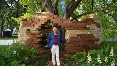 New Zealand designer Bayley LuuTomes with his display Under the Golden Elm.
