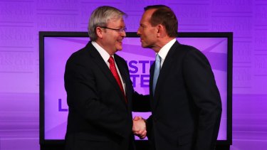 Kevin Rudd and Tony Abbott before the start of the Leaders Debate in 2013. 