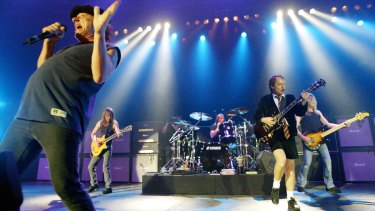 On stage: Brian Johnson, Malcolm Young, Phil Rudd, Angus Young and Cliff Williams perform in Munich in 2003. 