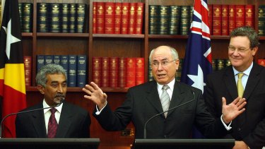 East Timor's then prime Minister Mari Alkatiri with John Howard and Alexander Downer in 2006 after signing a "Treaty on Certain Maritime Arrangements in the Timor Sea".