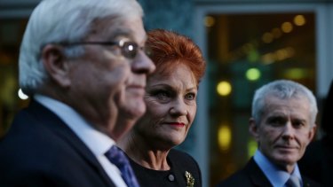 One Nation senators Brian Burston, Pauline Hanson and Malcolm Roberts announce the deal.