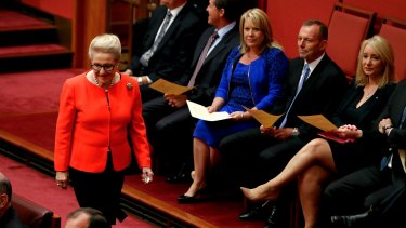Former speaker Bronwyn Bishop and former prime minister Tony Abbott in Parliament.
