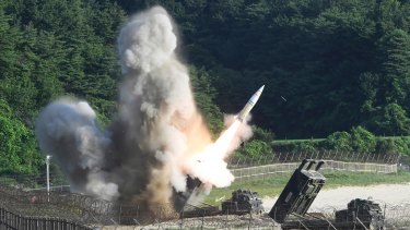 A US MGM-140 Army Tactical Missile is fired during a combined military exercise between the US and South Korea.
