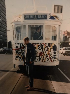 David Larwill with his art tram.