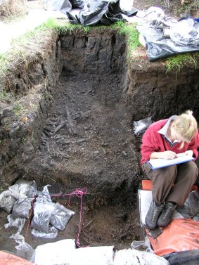 A student working at one of the excavated bone beds at Lancefield.