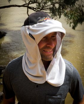Bernie Sharrad models the CapHat, which was inspired from spending long days in the sun.